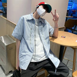 Riolio Summer Short Sleeved Shirt Men Blue Black Casual Shirt Man Streetwear Korean Loose Zipper Shirt Mens Fashion Shirts M-3XL