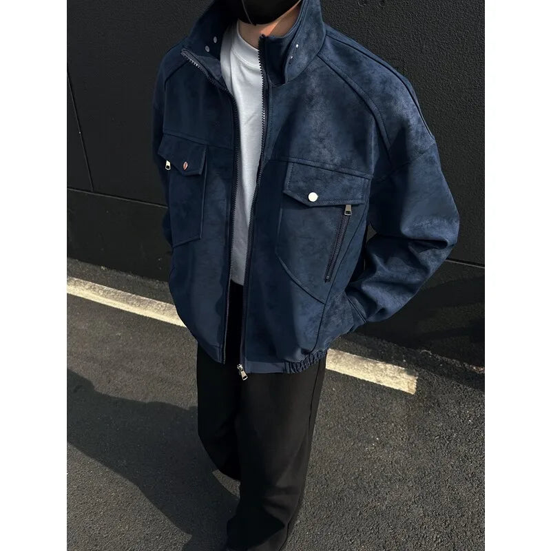 Riolio Mens Short Stand Collar Motorcycle Jacket Patchwork Cargo Biker Coat Spring Outdoor Riding Fashion Streetwear Urban Trendy