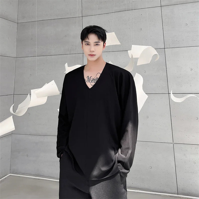 Riolio Men Casual T-shirt Long sleeves V neck shirt Solid color Sweatshirt Male Jogging Tracksuit Homme Athletic Shirt Tops