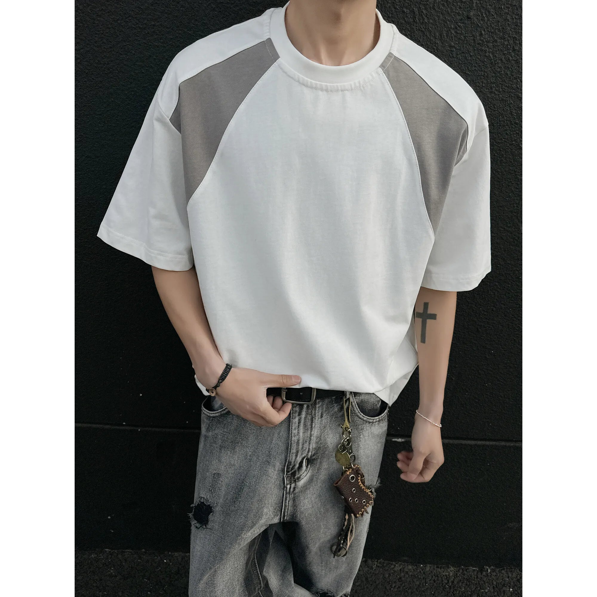 Riolio Mens Breathable Cotton Tshirt man Soft Summer Casual Slim Fit Contrast Panel Simpl Design Streetwear Fashion Tee Line Texture