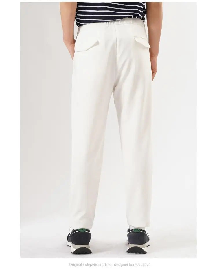 Riolio White Stretch Casual Ankle Pants Silhouette Men's Elegant Suit Pants Summer Korean Straight Loose Men's Smart Casual Trousers