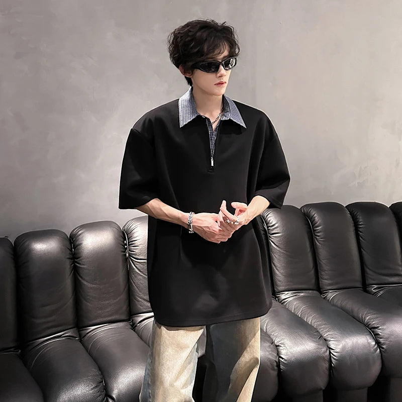 Riolio POLO shirt Mens Luxury new Solid Color Half Zip Polo Checkered Collar Stylish Trendy Streetwear T-Shirt Urban Fashion Casual Wear