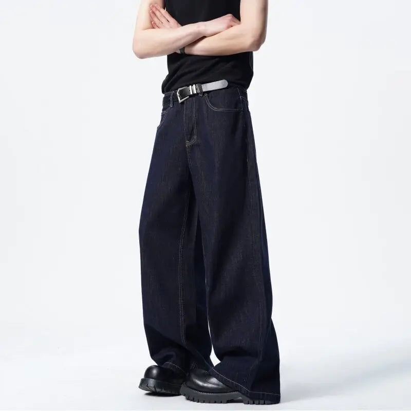 Riolio Men Dark Blue Loose Drag Floor Length Jeans Classic Straight Leg Denim Pants Wholesale Hot Sale Minimalist Casual Streetwear