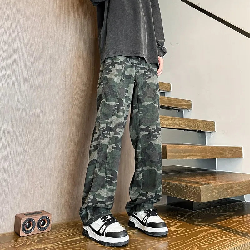 Riolio Jeans Men straight Pants patchwork male jean camouflage Loose Fit Patchwork Streetwear Men's Trousers Denim Large size Hip Hop