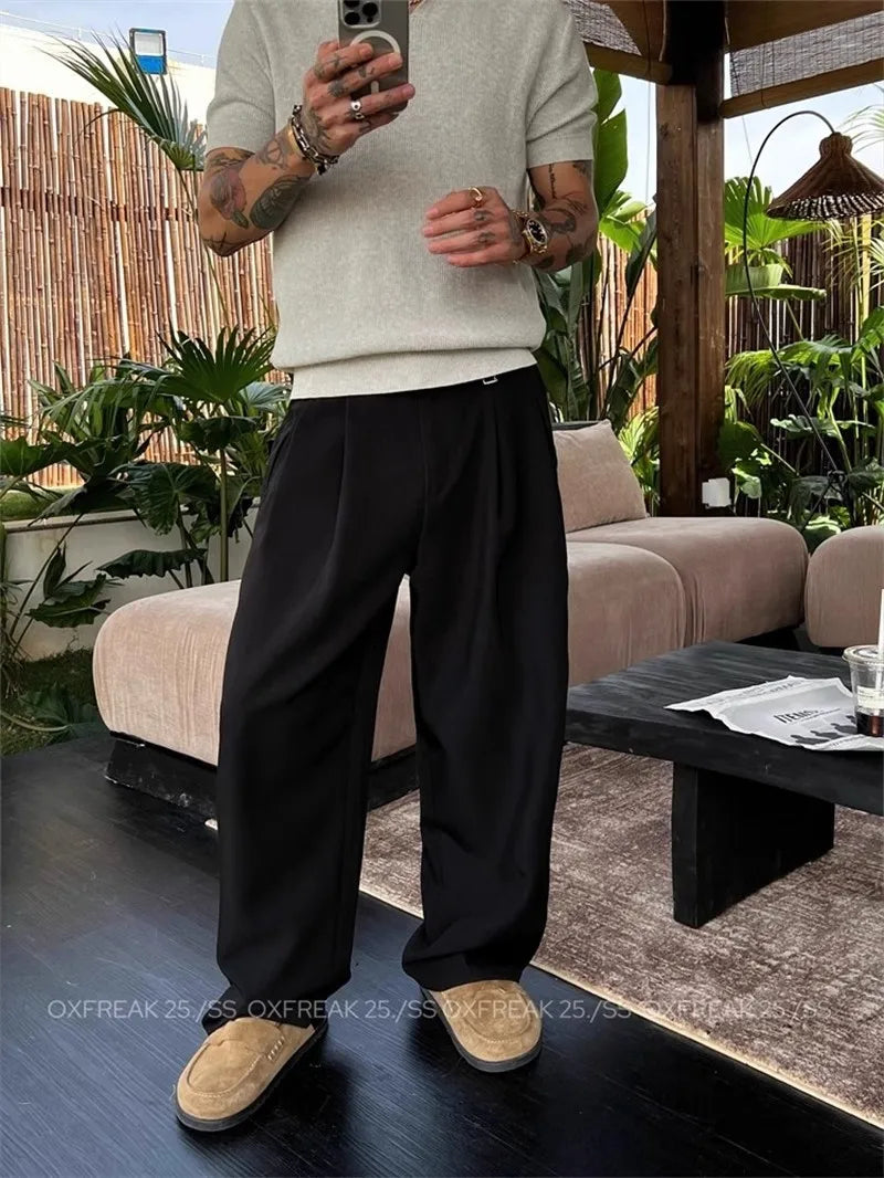 Riolio New Retro Fashion Men Suit Pants Light Luxury Draped Baggy Belt Button-down Solid Color Straight Trousers Elegant Dress Pants