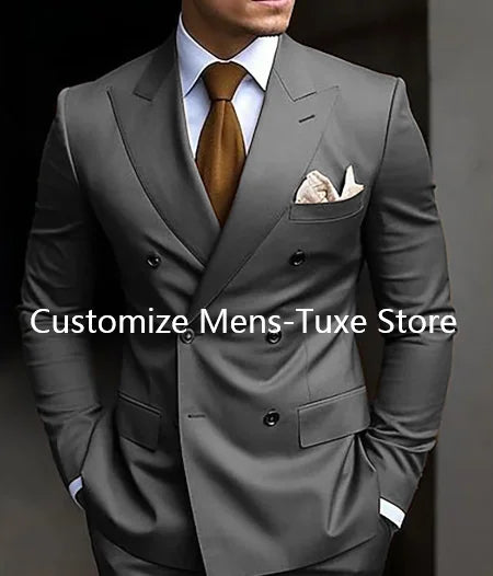Riolio prom suit High Quality Brown Men's Suits Double Breasted Bespoke Double Breasted Peaked Lapel Formal Blazer Slim Fit 2 Piece Jacket Pants