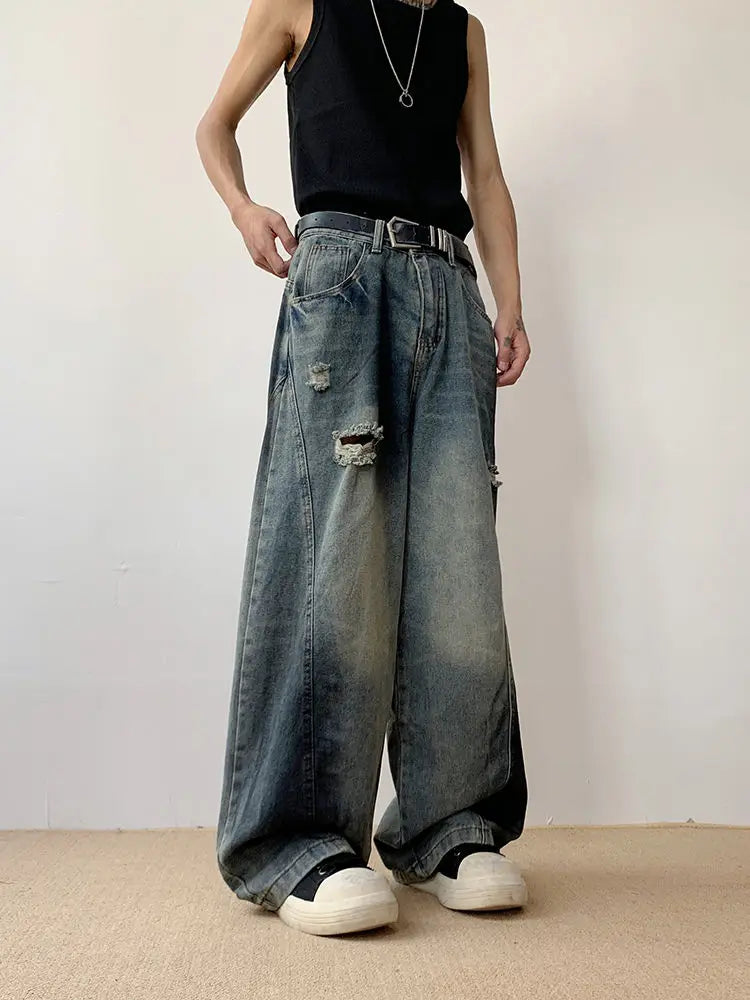 Riolio Hip hop American style men and women trendy personalized patchwork washed wide leg jeans for couples loose and lazy casual pants