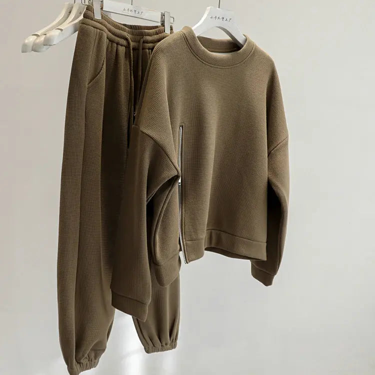 Riolio Korean Casual Sports Suit Large Size Plus Velvet Set Zipper Design Sports Sweatshirt Tying Trousers Casual Simple Two-piece Set