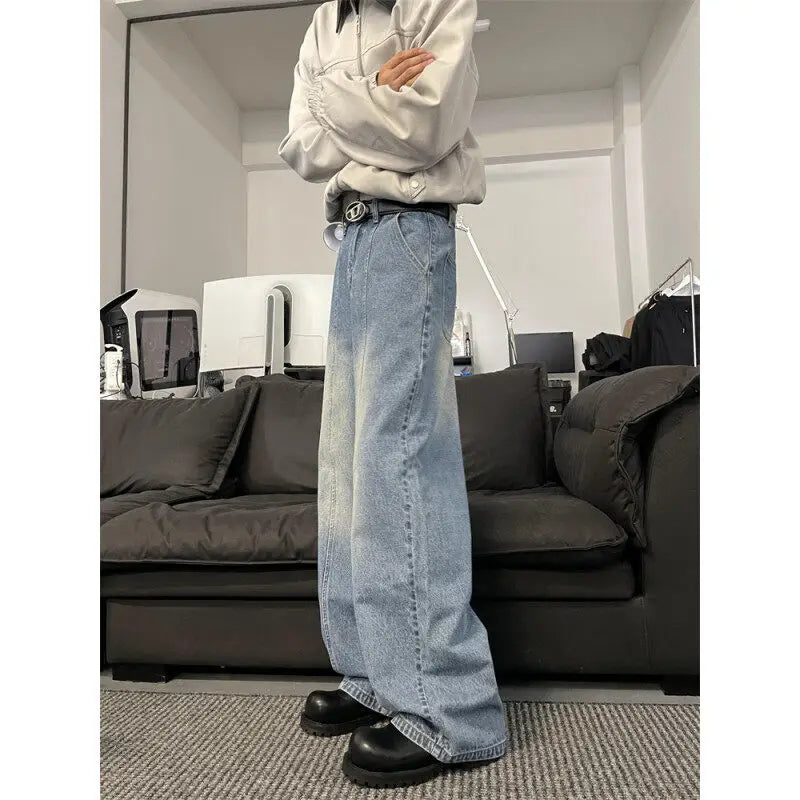 Riolio Jeans Men Loose Wide Leg Trousers Unisex low-rise jean Men's Denim Pants Old Blue Washed Male Jeans Straight Patchwork mop pants