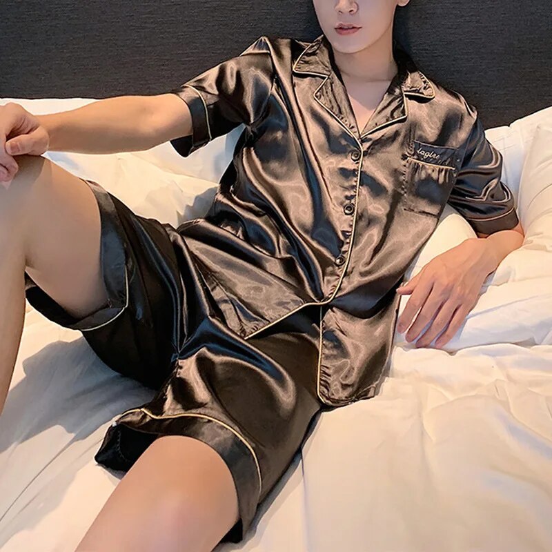 Riolio Men Pajama Sets Summer Sleepwear Ice Silk Satin Short Sleeve Pyjamas Suit Loose Loungewear Male Casual Homewear L-5XL