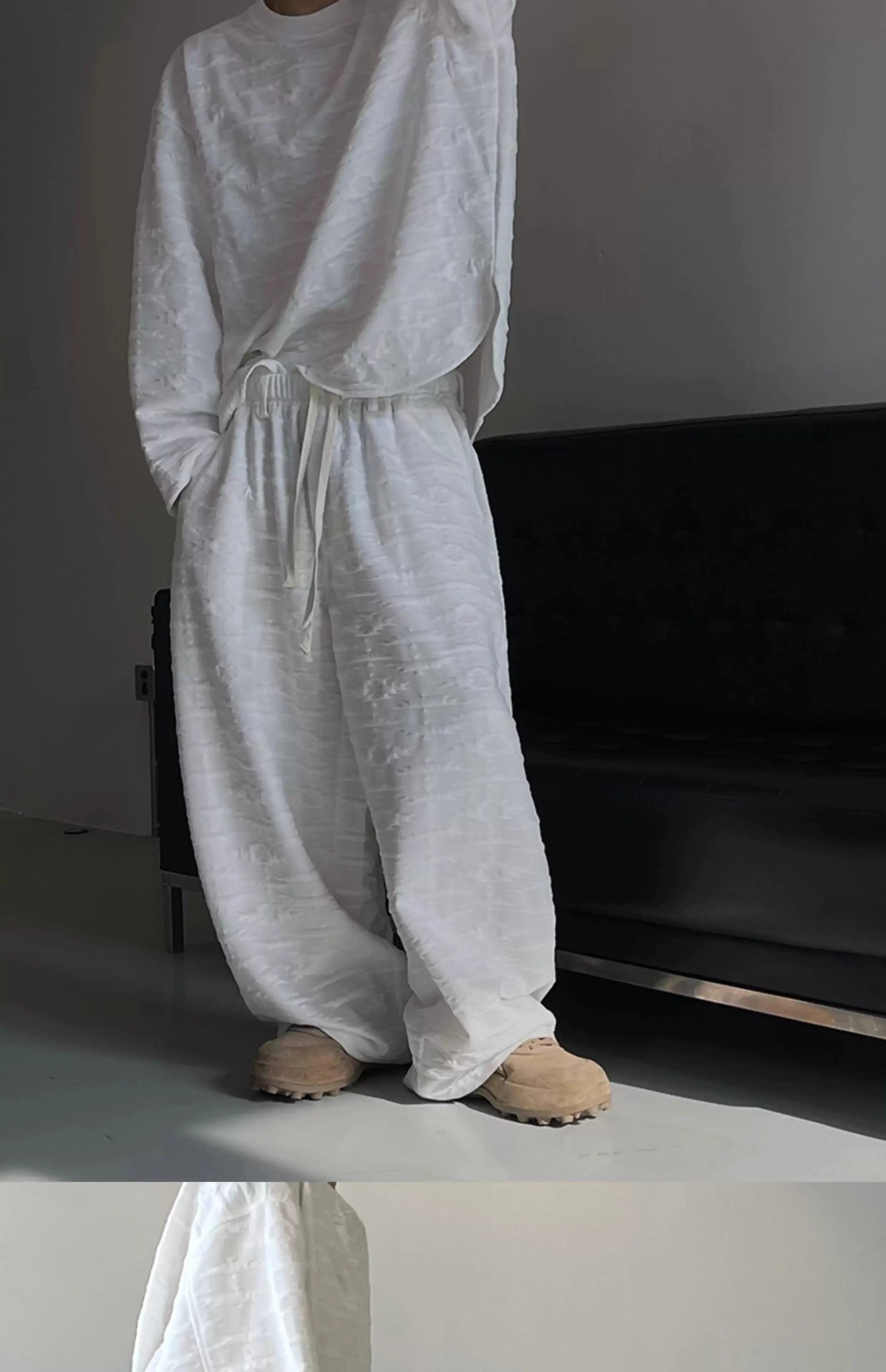 Riolio Kpop Tracksuit Retro Loose Three-dimensional Set Ethnic Jacquard Milk White Sports Suit American Casual High-end Wear