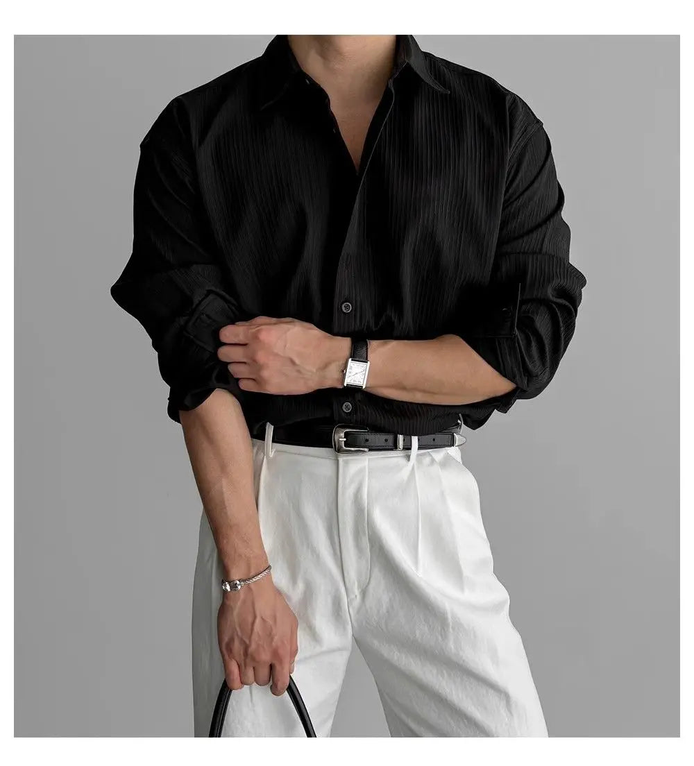 Riolio Lapel Pit Stripe Texture Long Sleeve Shirt Men's Casual Business Shirt High-end Drapery Light Versatile Top Male Blouse