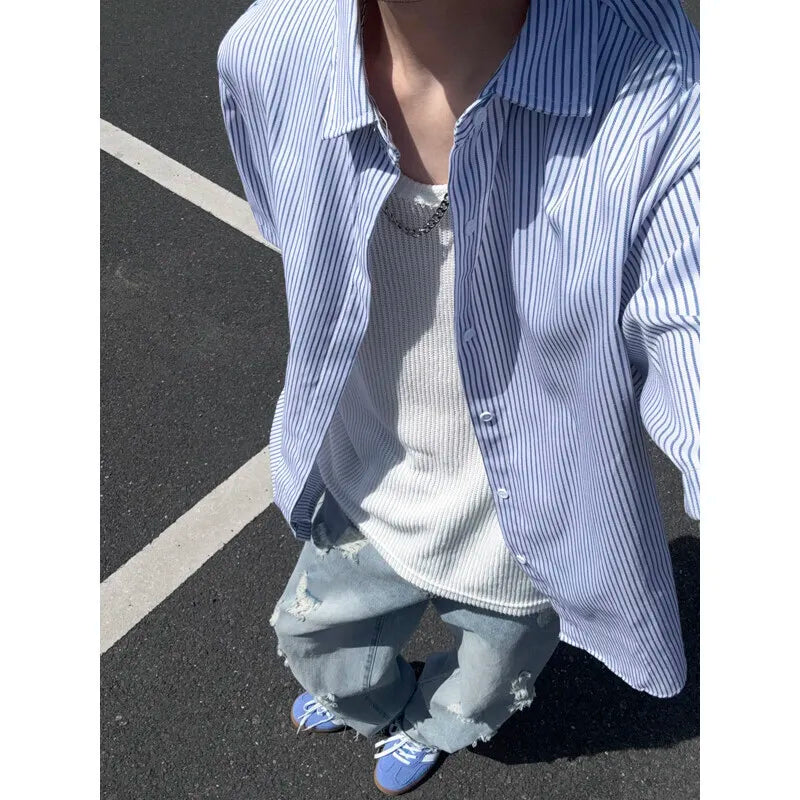 Riolio Summer Short Sleeved Shirt Men Black Blue Casual Shirt Men Streetwear Korean Loose Striped Shirt Mens Formal Dress Shirts