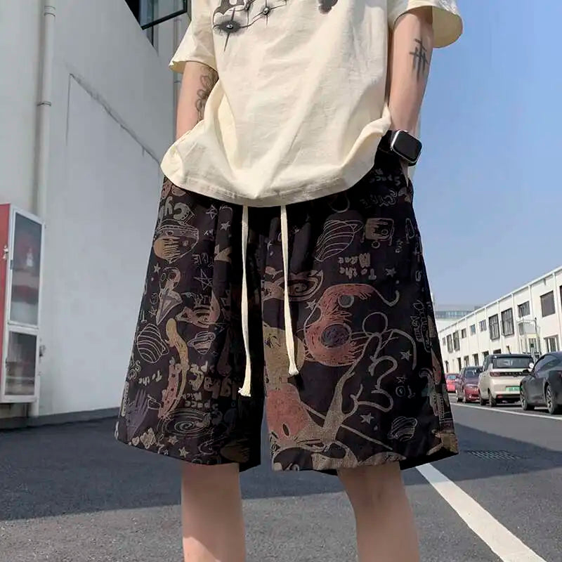 Riolio Summer Flower Shorts Men Fashion Retro Printed Shorts Men Streetwear Hip-hop Loose Beach Shorts Mens Knee Length Pants M-3XL