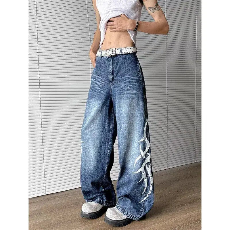 Riolio Men Loose Straight Leg Extra Long Floor Sweeping Jeans Unique Printed Design New Autumn Fashion Trendy Casual Streetwear