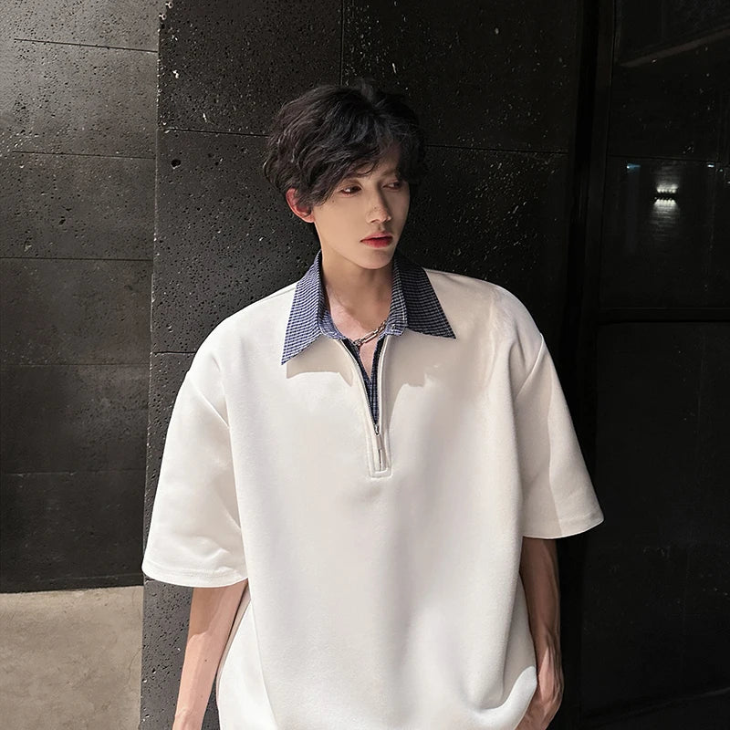 Riolio POLO shirt Mens Luxury new Solid Color Half Zip Polo Checkered Collar Stylish Trendy Streetwear T-Shirt Urban Fashion Casual Wear