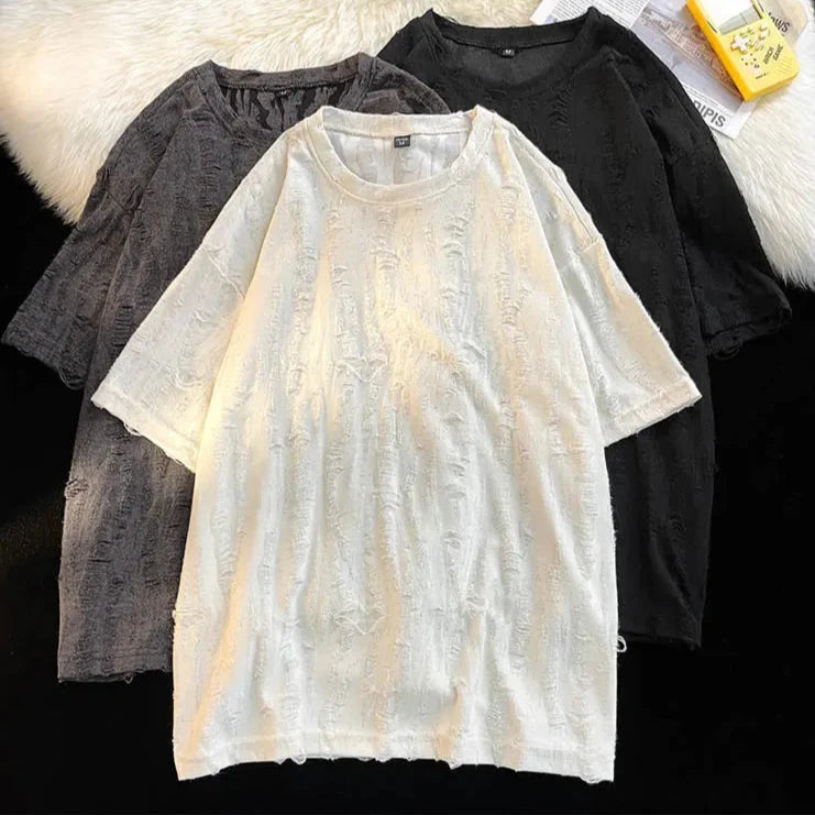 Riolio Ripped T-shirts Men Hole Y2k Tops Streetwear Summer O-neck Clothing Hip Hop Fashion Teens American Retro Vintage Футболки Baggy