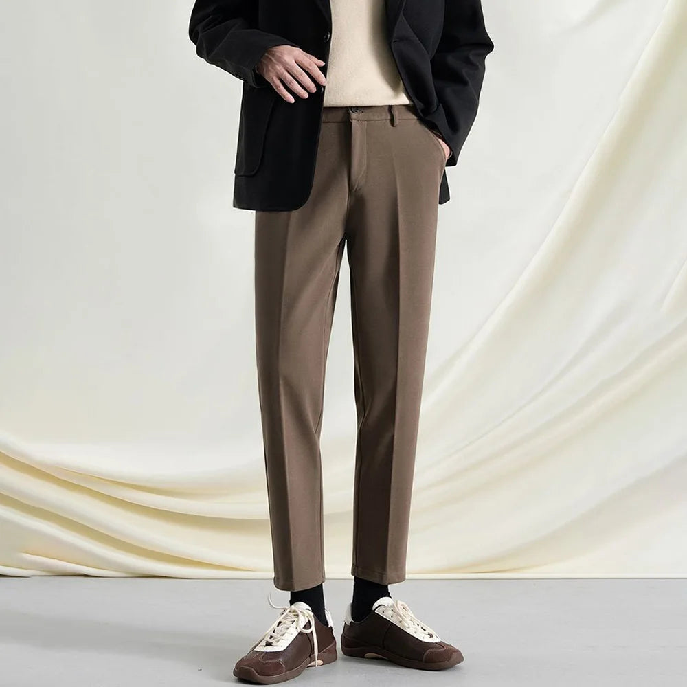 Riolio New Autumn And Winter Men's Solid Color Thick Nine-Point Suit Pants Retro Fashion Trend Loose Casual Simple Daily Men's Bottoms