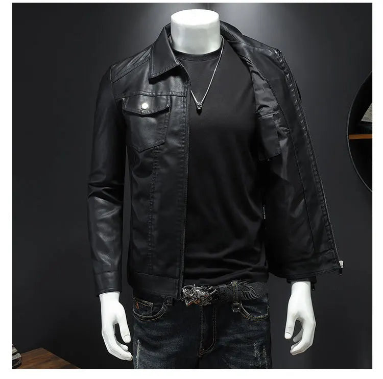 Riolio Men's lapel leather jacket autumn oversized slim motorcycle riding suit winter thickened PU leather waterproof work clothes