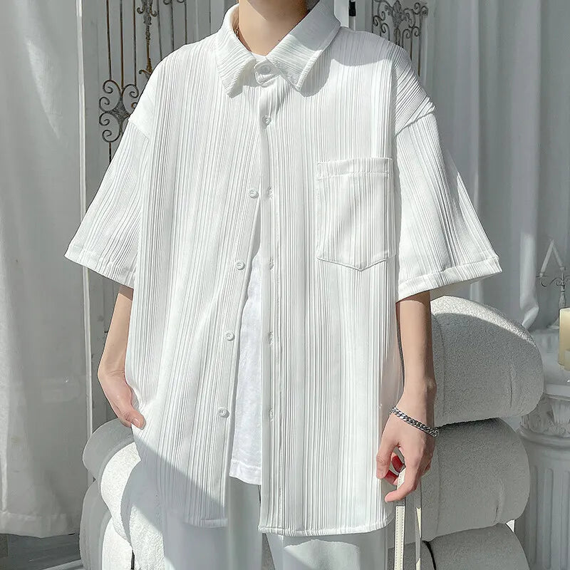 Riolio Summer Short Sleeved Shirt Men Black White Casual Shirt Men Streetwear Korean Loose Pleated Shirt Mens Ice Silk Shirts 4XL