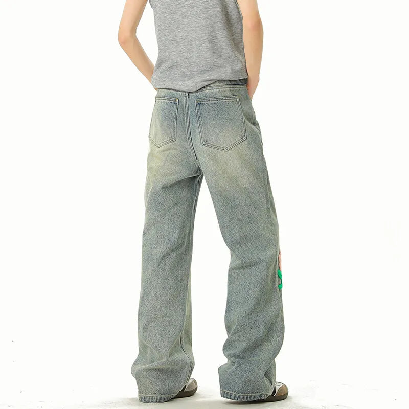 Riolio Blue Jeans Men Fashion Casual Straight Jeans Streetwear Hip-hop Loose Flower Jeans Mens Vintage Denim Pants Man Trousers