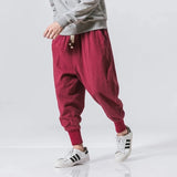 Riolio Cotton Linen Harem Pants Men Solid Elastic Waist Streetwear Joggers New Baggy Drop-crotch Pants Casual Trousers Men