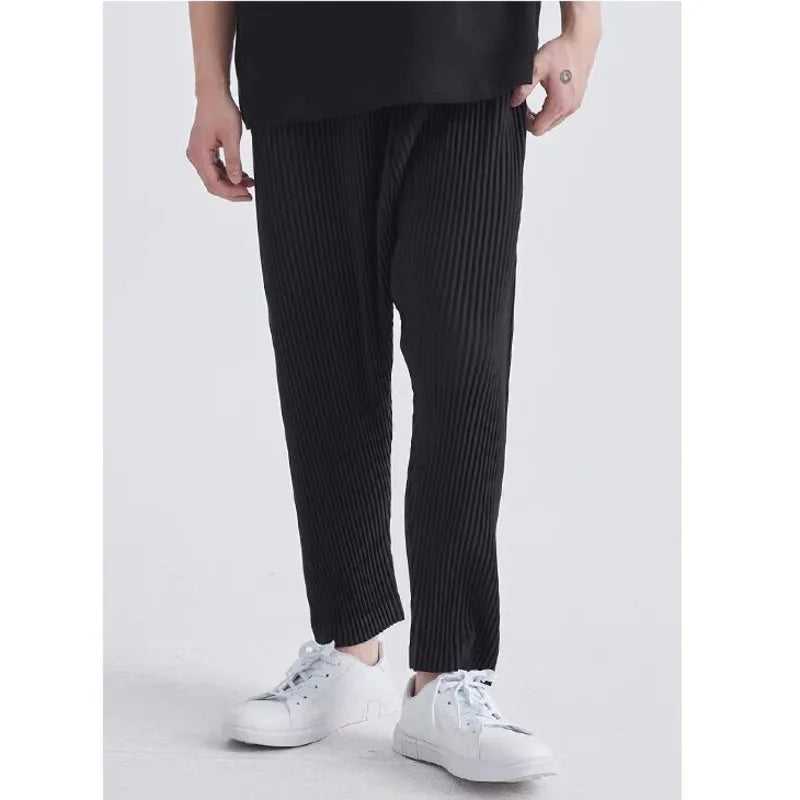 Riolio Summer Casual Pants Men Fashion Gray Black Straight Pants Men Japanese Streetwear Loose Pleated Pants Mens Ice Silk Trousers