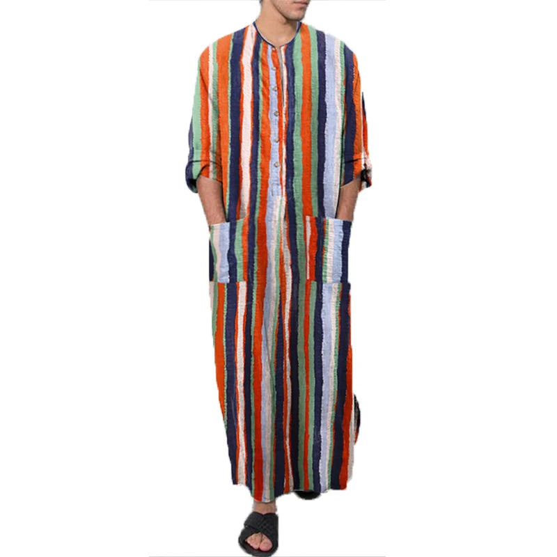 Riolio Men's Muslim Long Sleeve Cotton Striped Robes Islamic Arabian Kaftan Suit Middle East Dubai Abaya Retro Spring Clothing 2025 New