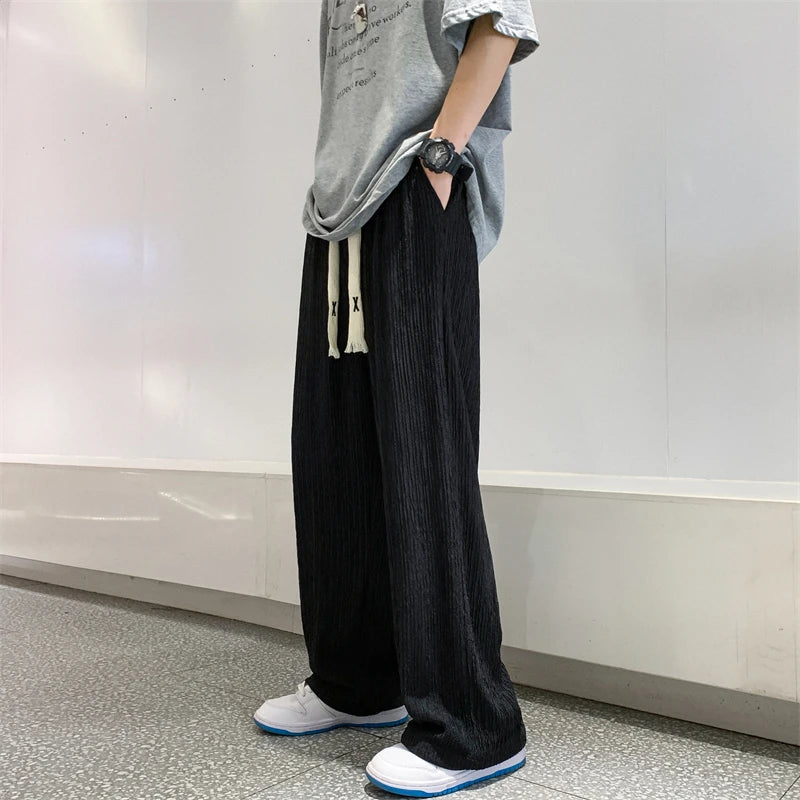 Riolio Summer Ice Silk Pants Men Fashion Oversized Wide Leg Pants Men Japanese Streetwear Hip Hop Loose Pleated Pants Mens Trousers