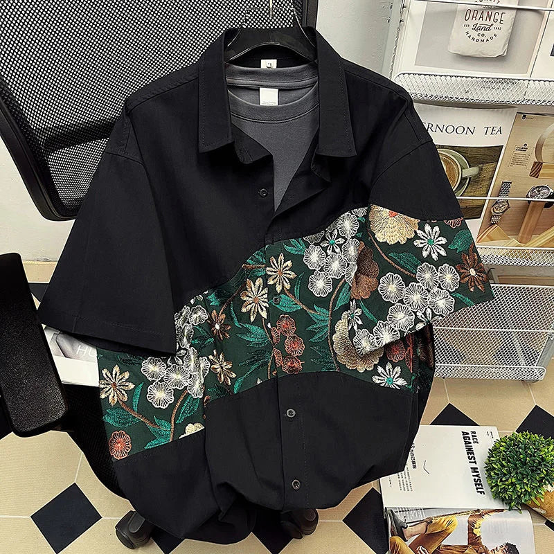 Riolio Summer Embroidered Shirts Men Fashion Casual Flower Shirts Mens Japanese Streetwear Loose Short Sleeve Shirts Men Plus Size