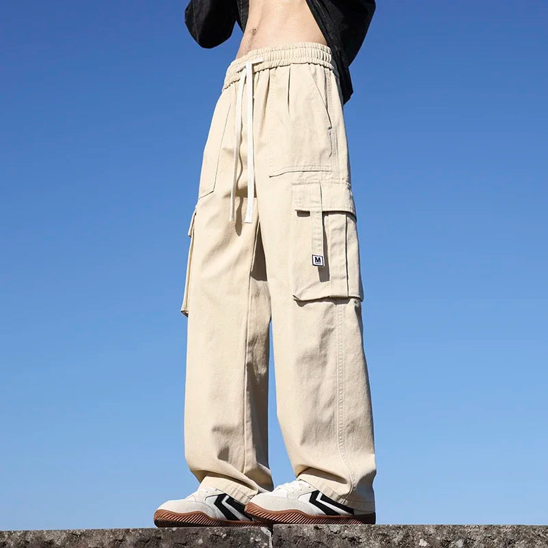 Riolio 6 Colors Men's 100% Cotton Cargo Casual Pants Baggy Straight Elastic Waist Comfortable Trousers Fashion Streetwear Male Clothes