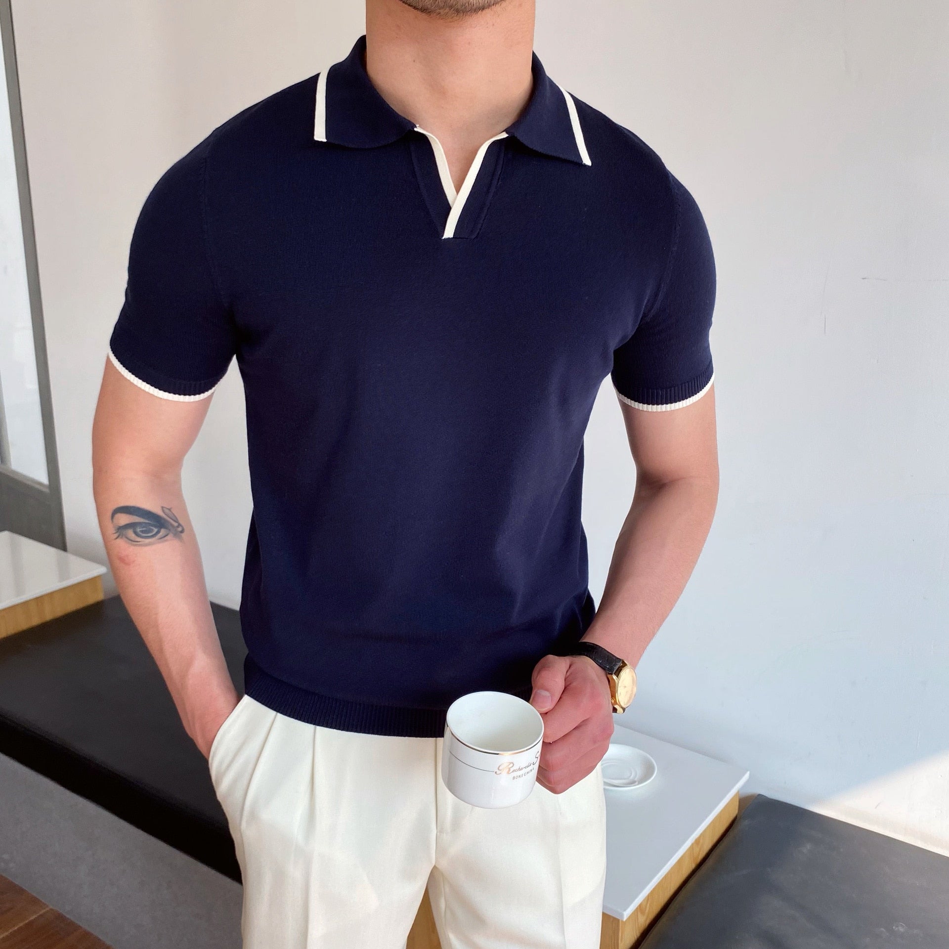 Riolio Spring Summer Knit Polo Shirt Men Casual Turn-down Collar Button Fashion Striped Solid Slim Tops Newest Ice Silk Cotton Knitwear