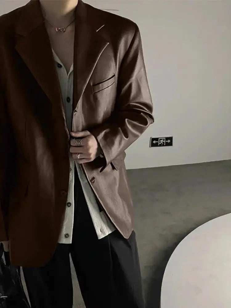 Riolio American Leather Jacket Retro Outfit Handsome High-end Men's Niche Shoulder Pad Suit Black PU Leather Jacket Chic Streetwear
