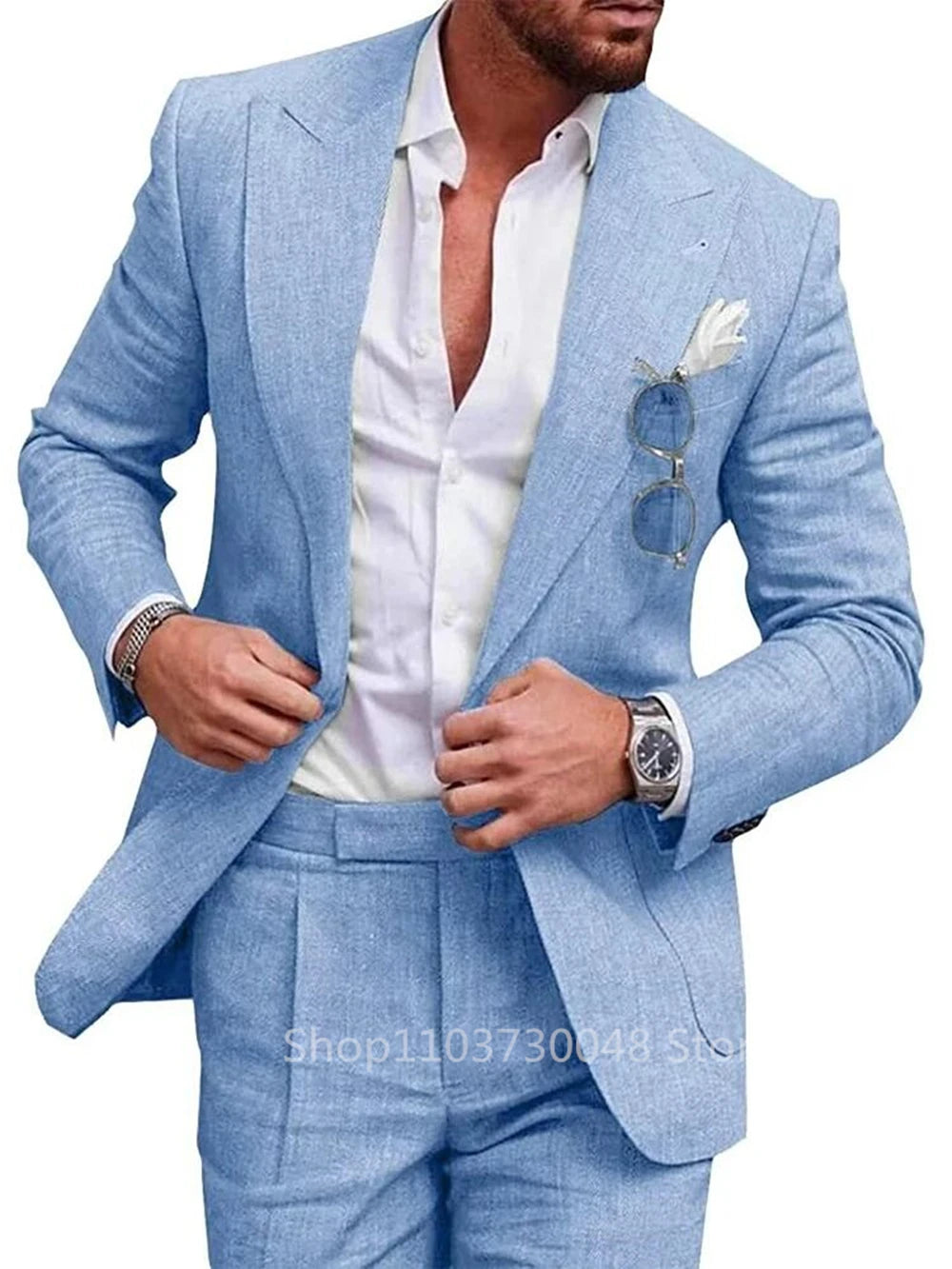 Riolio Light Blue/Beige Linen Wedding Men Suit Casual Single Breasted Slim Fit Blazer Pants High Quality Summer 2 Piece Costume Homme