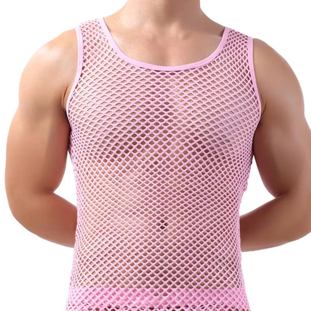 Riolio Men Sexy Mesh Tank Tops Transparent Sleep Tops Male Underwear Pure Color Vest Sleeveless Tops Underwear Male Undershirt