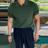 Riolio Casual Jacquard Knit Polo Shirt Men Fashion Solid Elastic Knitted Slim Tops Summer Vintage Short Sleeve Polo Tee Mens Streetwear