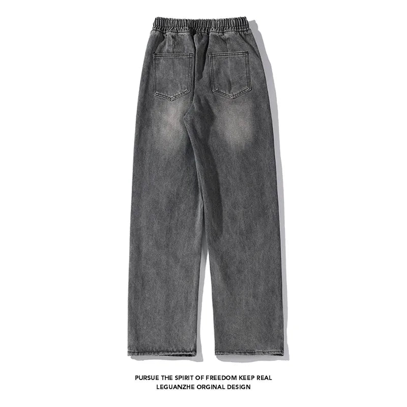 Riolio Jeans men Elastic waist Streetwear Fashion Jeans Black Spring New Men Women Wide Leg Straight Denim Trousers Plus Size 5XL-M
