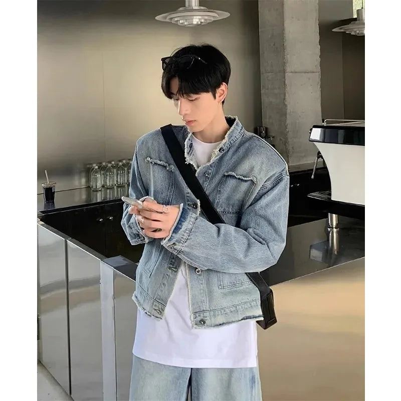 Riolio Autumn Denim Set Men Denim Jacket +Wide Leg Straight Jeans Casual Loose Solid Color Korean Style Street Stand Collar 2pcs Suit