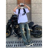 Riolio Y2K Summer American Men and Women High Street Retro Destruction Straight leg Jeans Couple Hip Hop Washed Loose Casual Pants