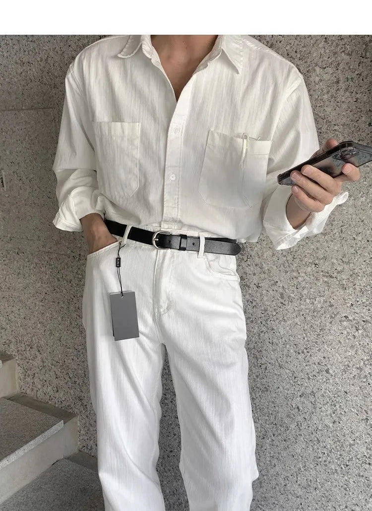 Riolio New Men Luxury Korean Style Shirts Casual Long Sleeve Drapped Solid Color Button-down Cardigan Fashion Business Leisure Blouse