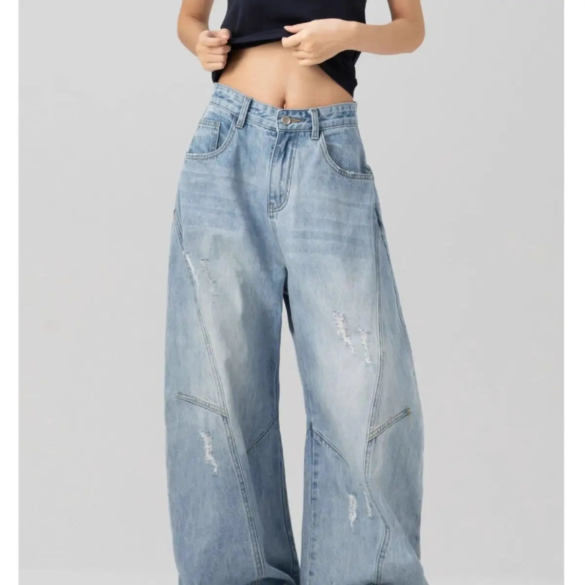 Riolio American high street men and women retro washed distressed curved knife jeans couple hip-hop loose trendy wide leg casual pants