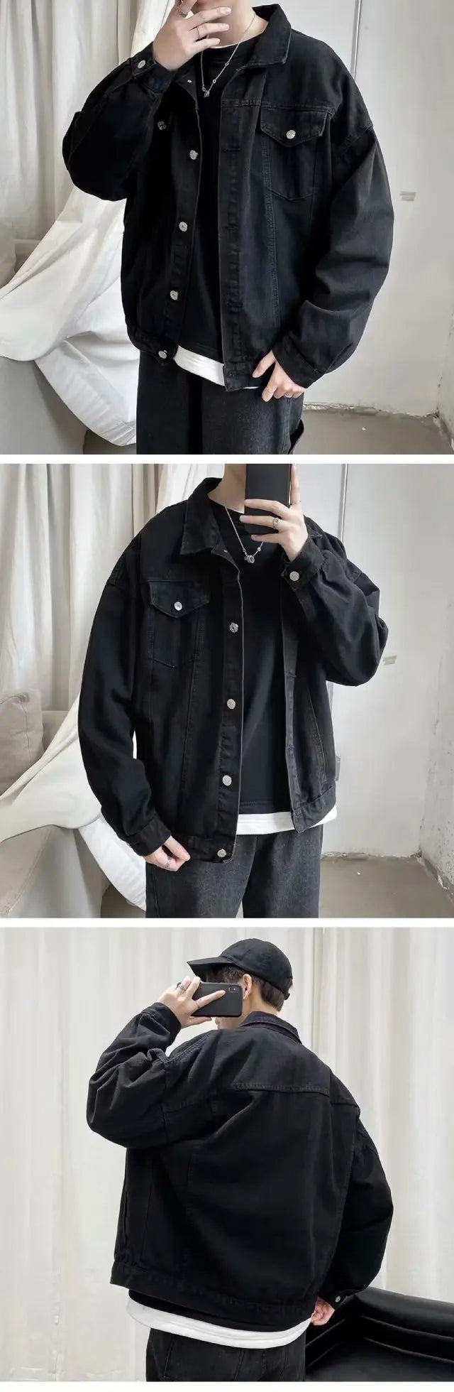 Riolio Black Denim Short Jacket Men Turn Down Collar Bomber Jacket Jeans Coats Casual Pockets Overalls Streetwear Man Clothing Outwear