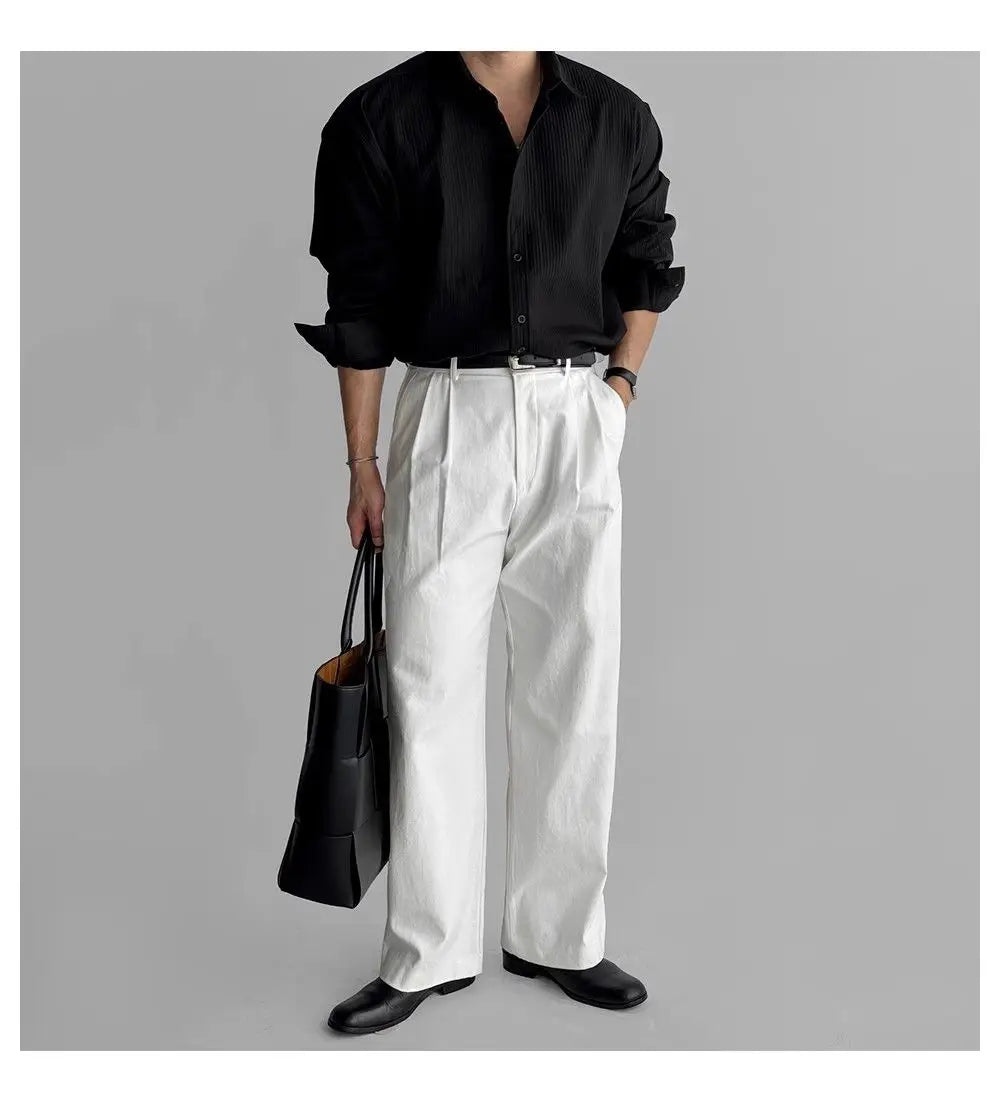 Riolio Lapel Pit Stripe Texture Long Sleeve Shirt Men's Casual Business Shirt High-end Drapery Light Versatile Top Male Blouse