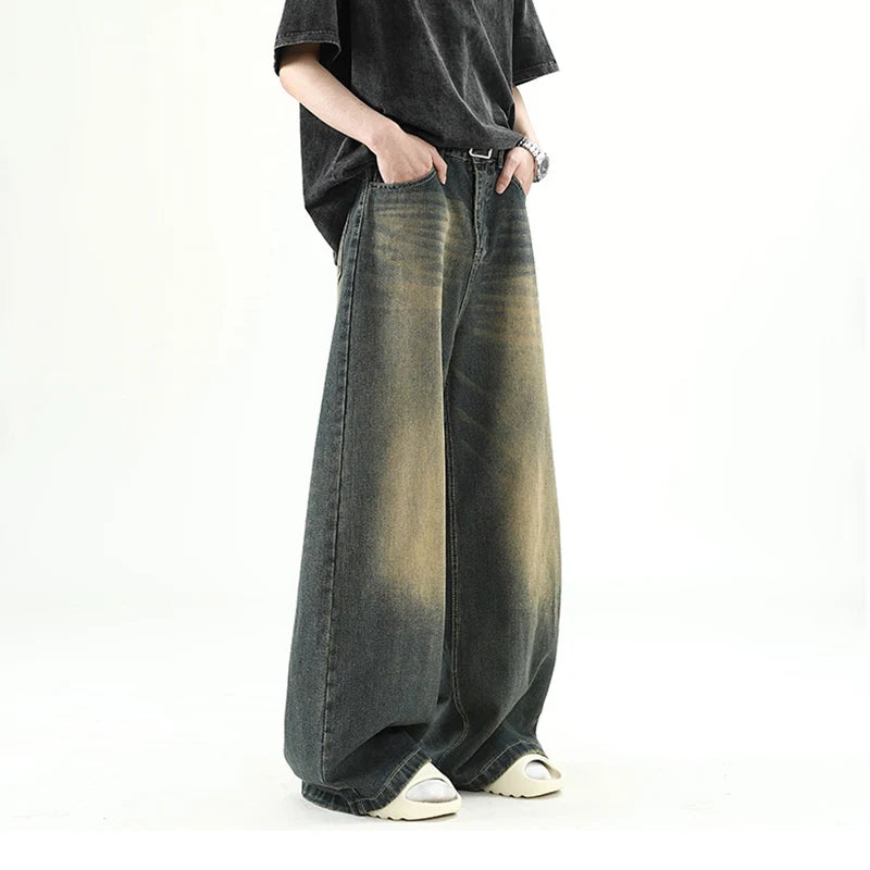 Riolio Men Denim Pants Old Blue Washed Male Jeans Straight Casual Menwear Loose Wide Leg Trousers New Fashion Korean High Street Denim