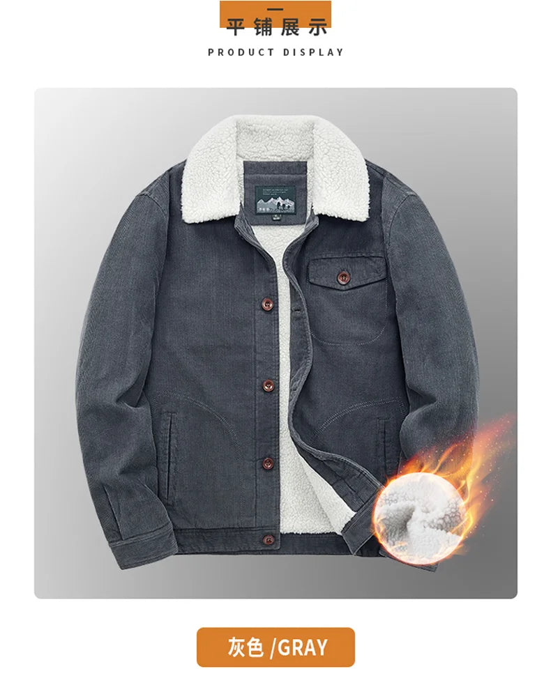 Riolio Winter Mens Jacket Warm Corduroy Jackets and Coats Fur Collar Winter Casual Coats Outwear Male Thermal Cotton Jacket Streetwear