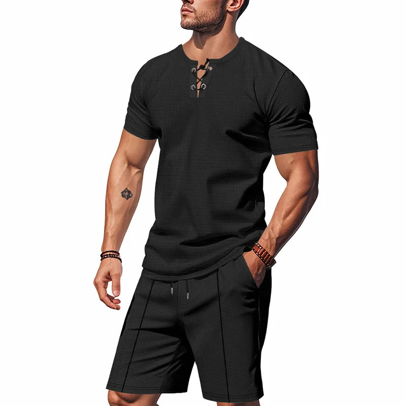 Riolio 2025 Summer Simplicity Men's Suit Loose Walf Checks Fabric Breathable Comfort and Casual Short Sleeve Shorts Two-Piece Suit