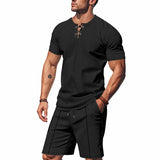 Riolio 2025 Summer Simplicity Men's Suit Loose Walf Checks Fabric Breathable Comfort and Casual Short Sleeve Shorts Two-Piece Suit