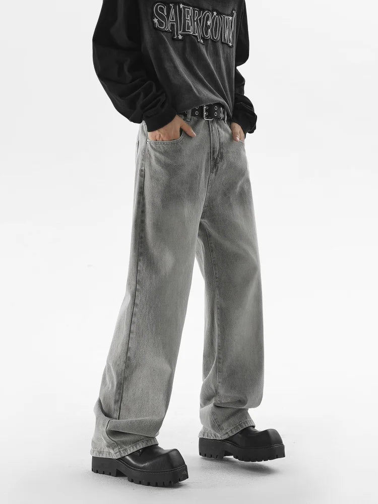 Riolio Autumn New Men's Fashion Baggy Jeans Gray Vintage High Street Wide Legs Denim Trousers Male Casual Straight Pants Streetwear