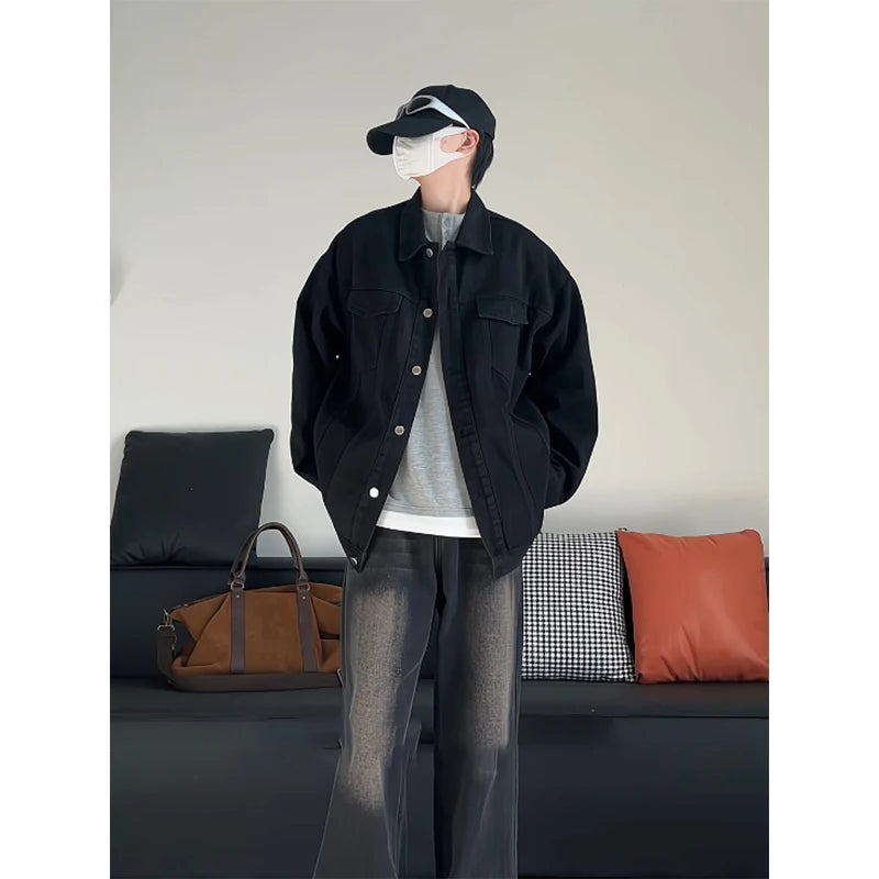 Riolio Spring Black Denim Jacket Men Fashion Retro Pocket Denim Jackets Men Streetwear Hip-hop Loose Bomber Jacket Mens Cowboy Coat