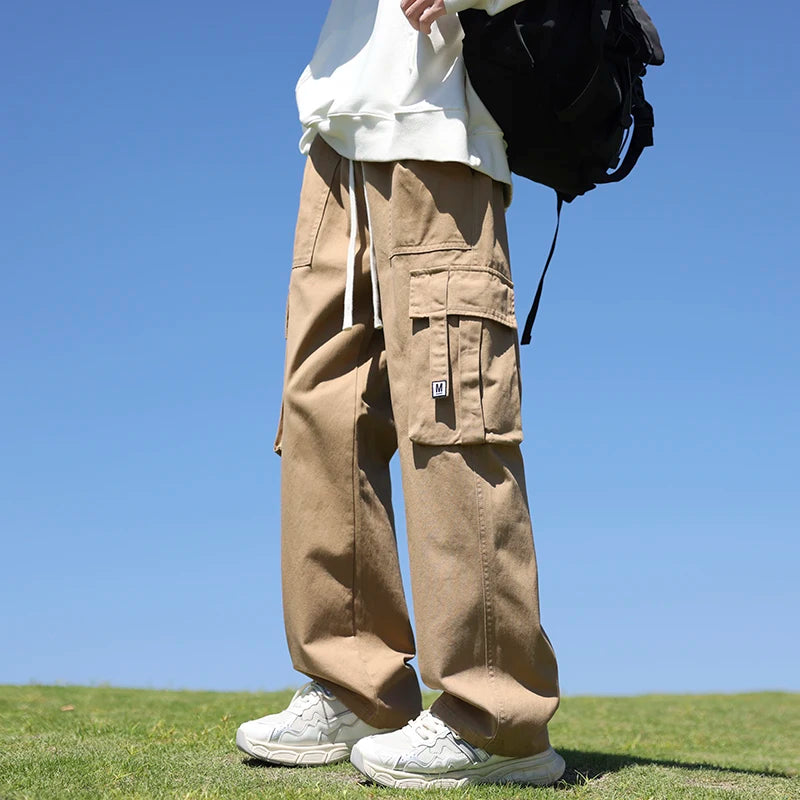 Riolio 6 Colors Men's 100% Cotton Cargo Casual Pants Baggy Straight Elastic Waist Comfortable Trousers Fashion Streetwear Male Clothes